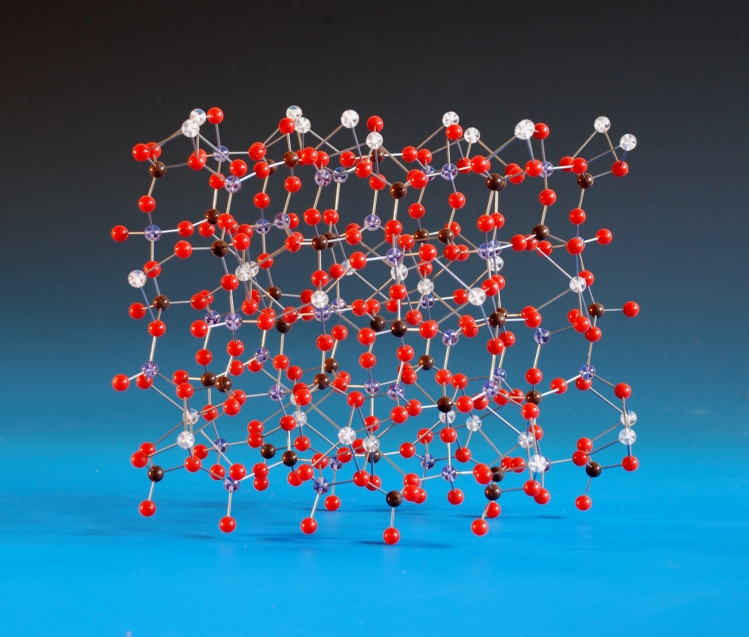 A Beevers crystal structure model of the mineral anorthite, made with acrylic balls and steel rods