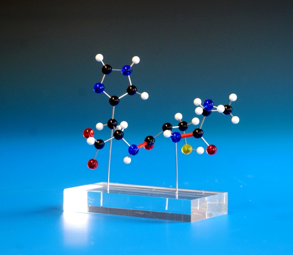 A molecular model of a simple metal coordination compound on a clear acrylic base