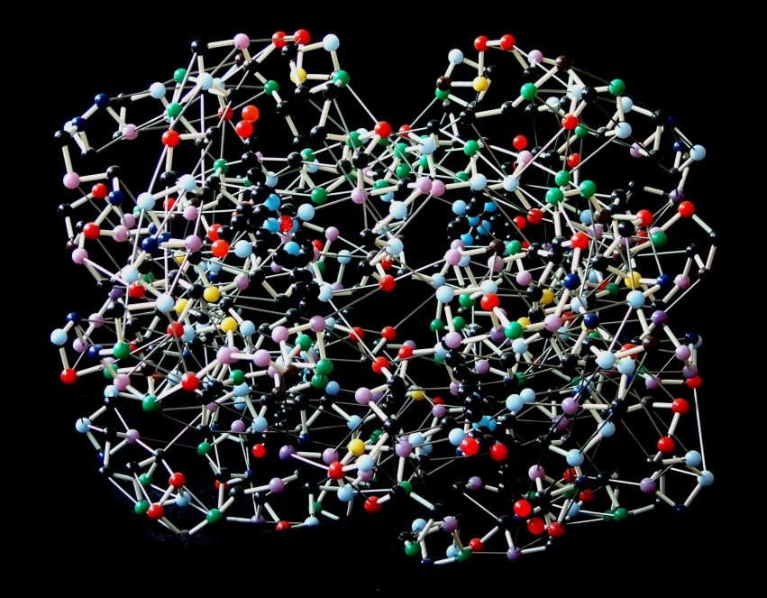 A model of haemogobin made with acrylic balls and steel rods, showing the alpha carbons in the backbone and the haem (heme) groups