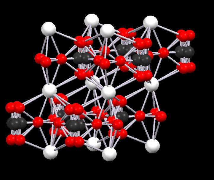 A simulation of the vaterite mineral structure showing disorder in the carbonyl group positions
